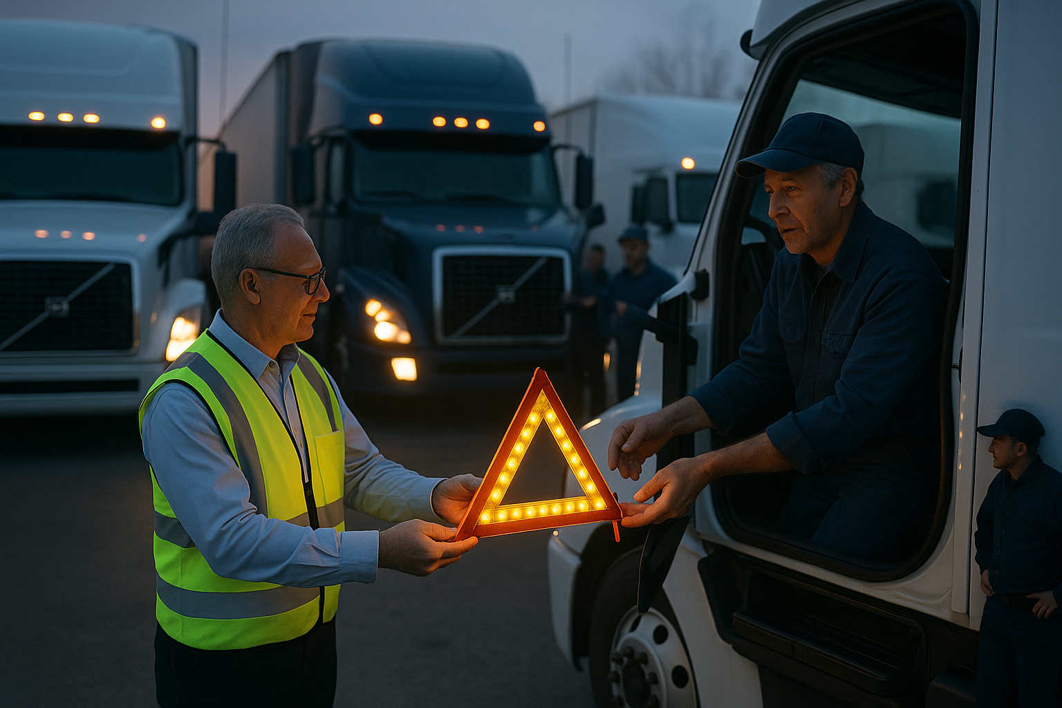 Fleet manager providing TRILIGHT safety equipment to truck driver