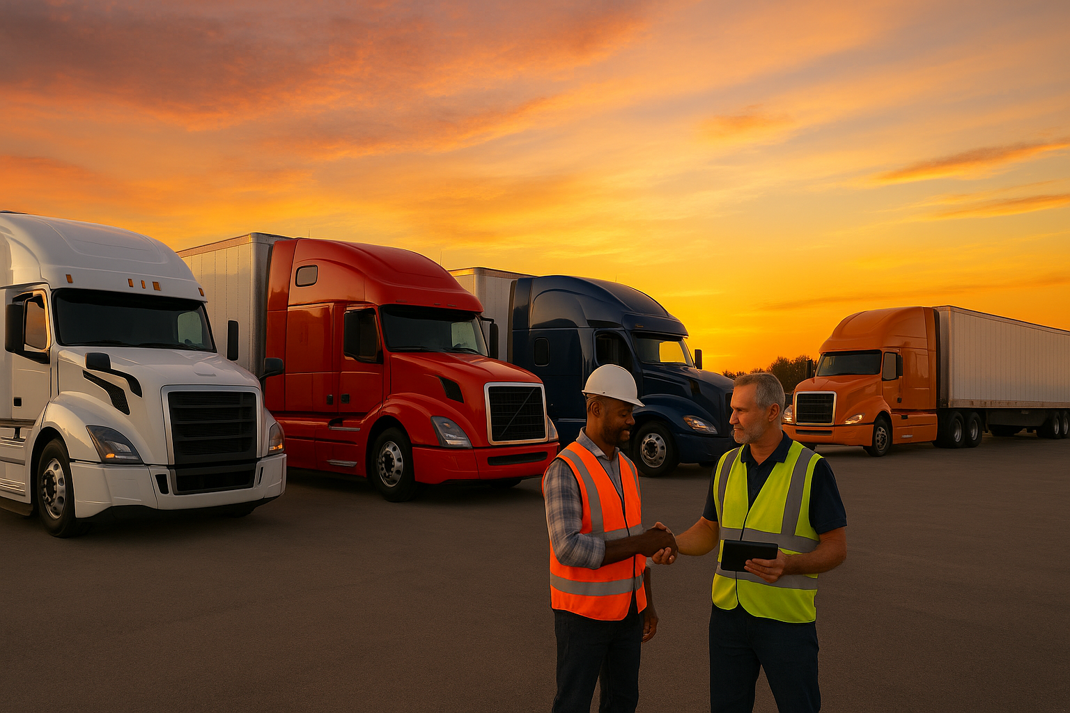 Fleet managers discussing safety solutions with trucks at sunset