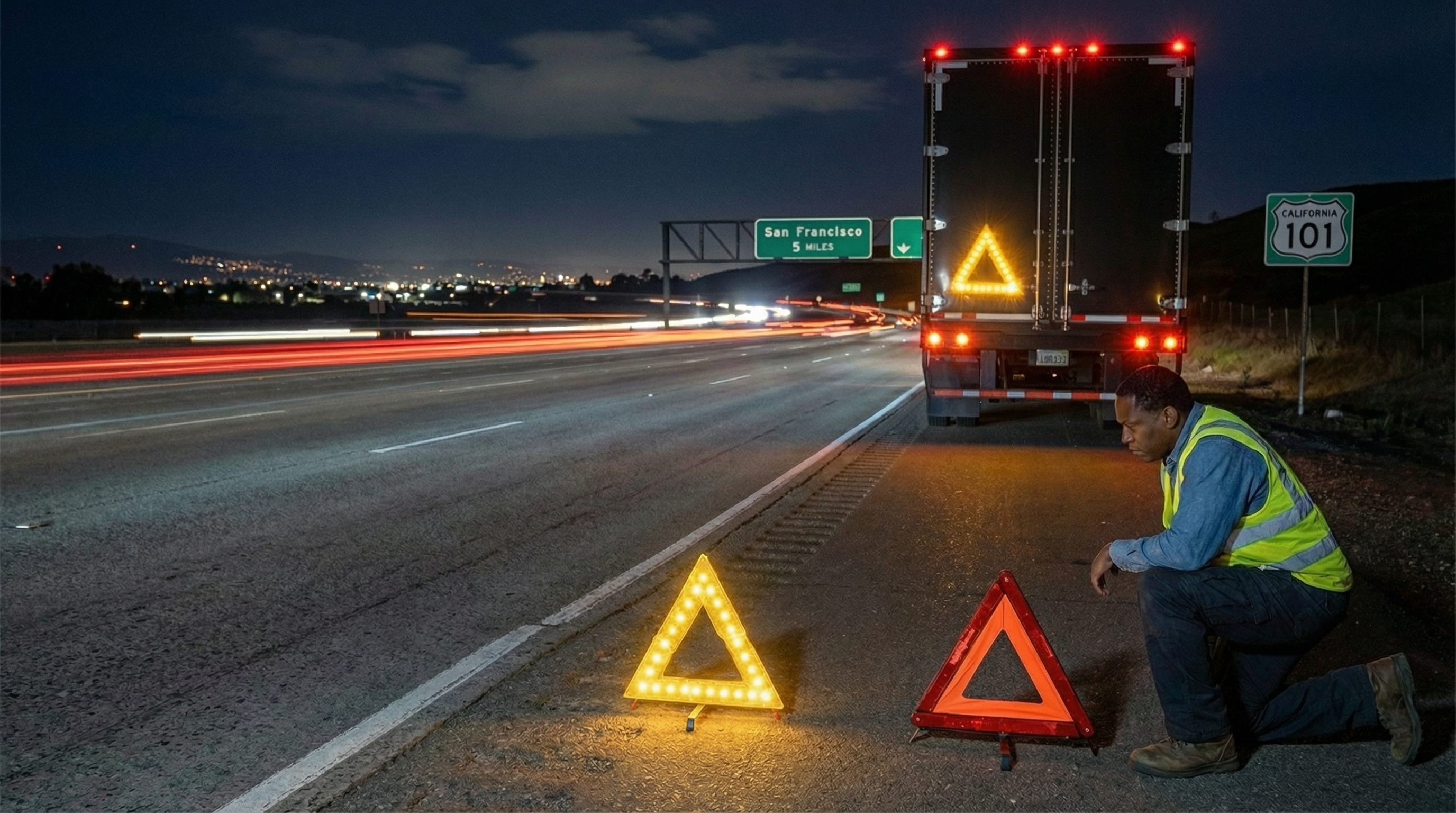 TRILIGHT glowing next to a traditional reflective triangle on a dark highway